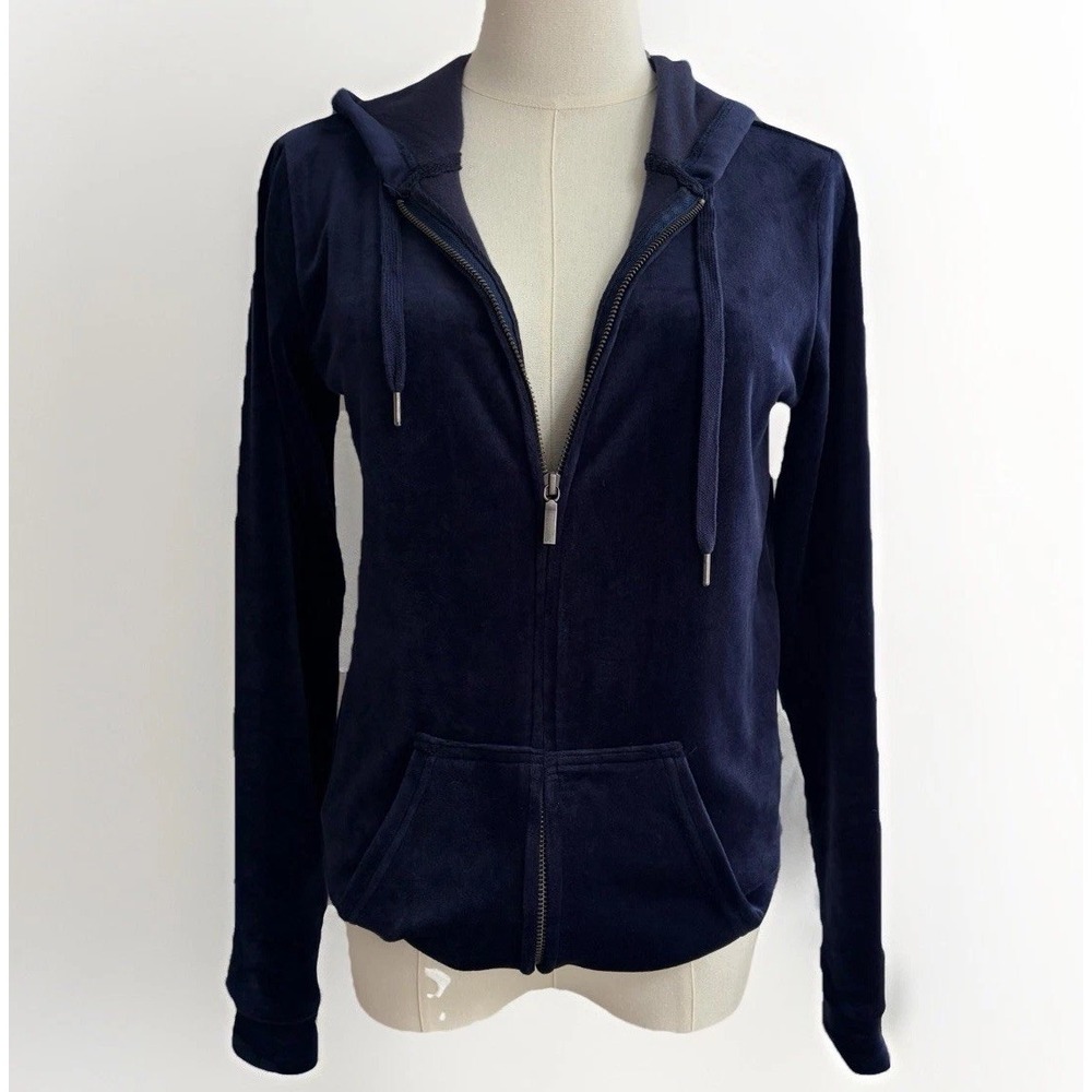 Women's Navy Blue Velvet Velour Hoodie Sz S Full Zip Sweatshirt Track Jacket - Picture 2 of 16